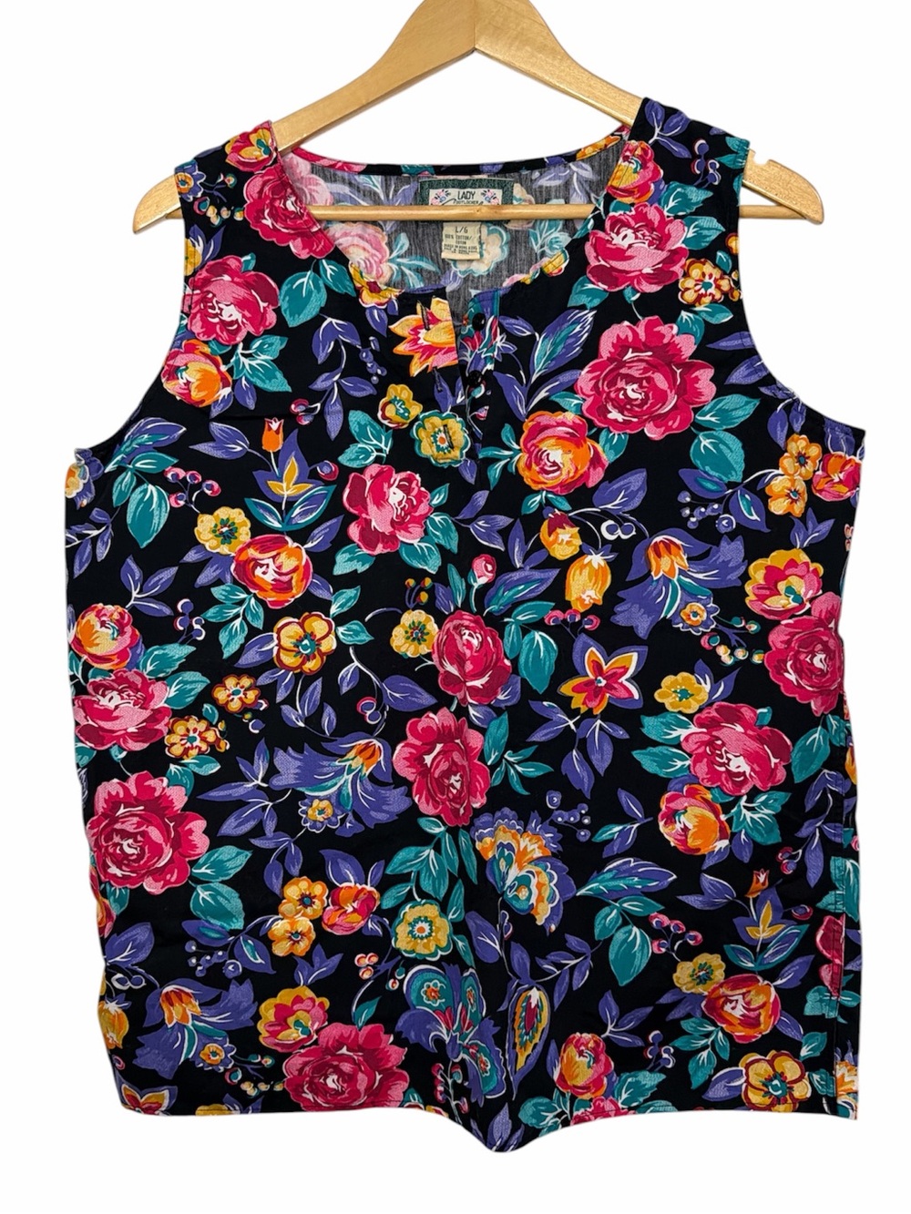 Vintage Lady Foot Locker Floral Sleeveless Cotton Tank Top Women’s L